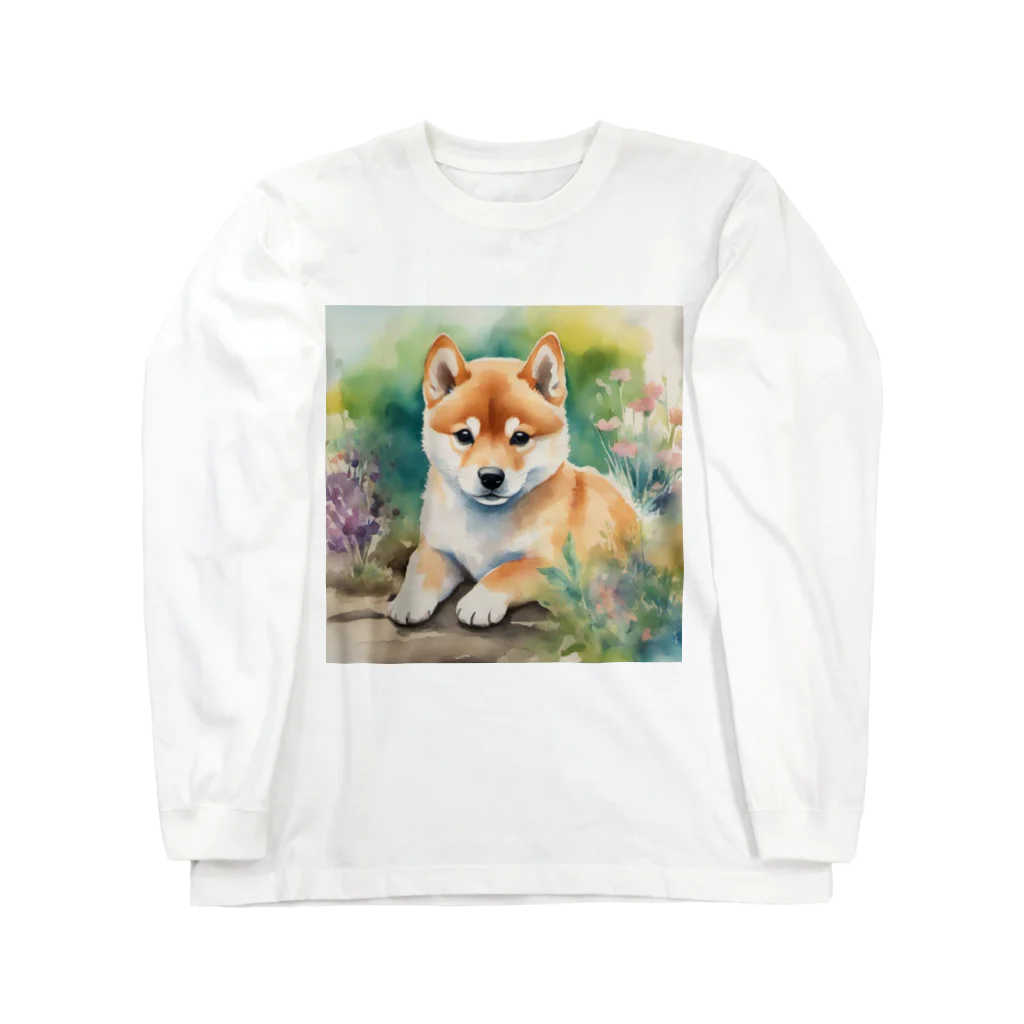 こころやすらぐの水彩子犬　柴犬 ロングスリーブTシャツ