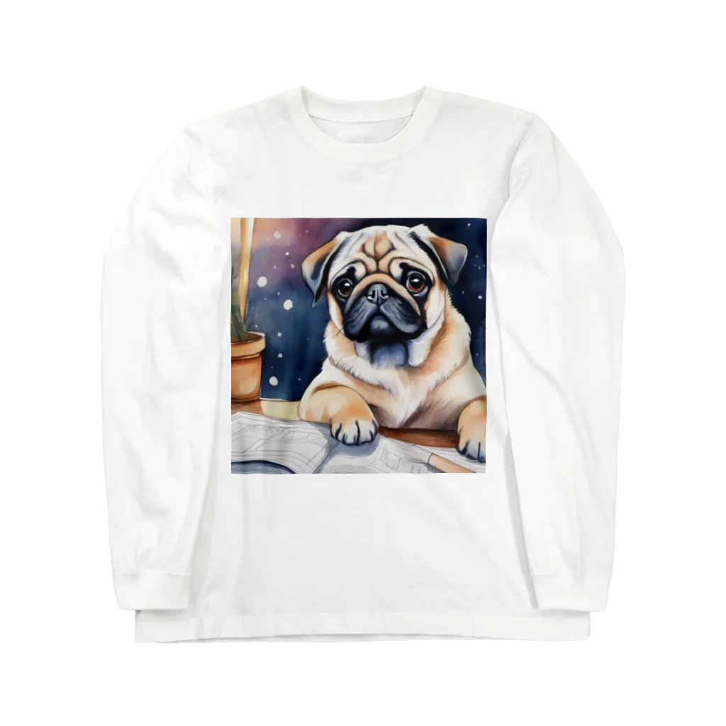こころやすらぐの水彩子犬　パグ Long Sleeve T-Shirt