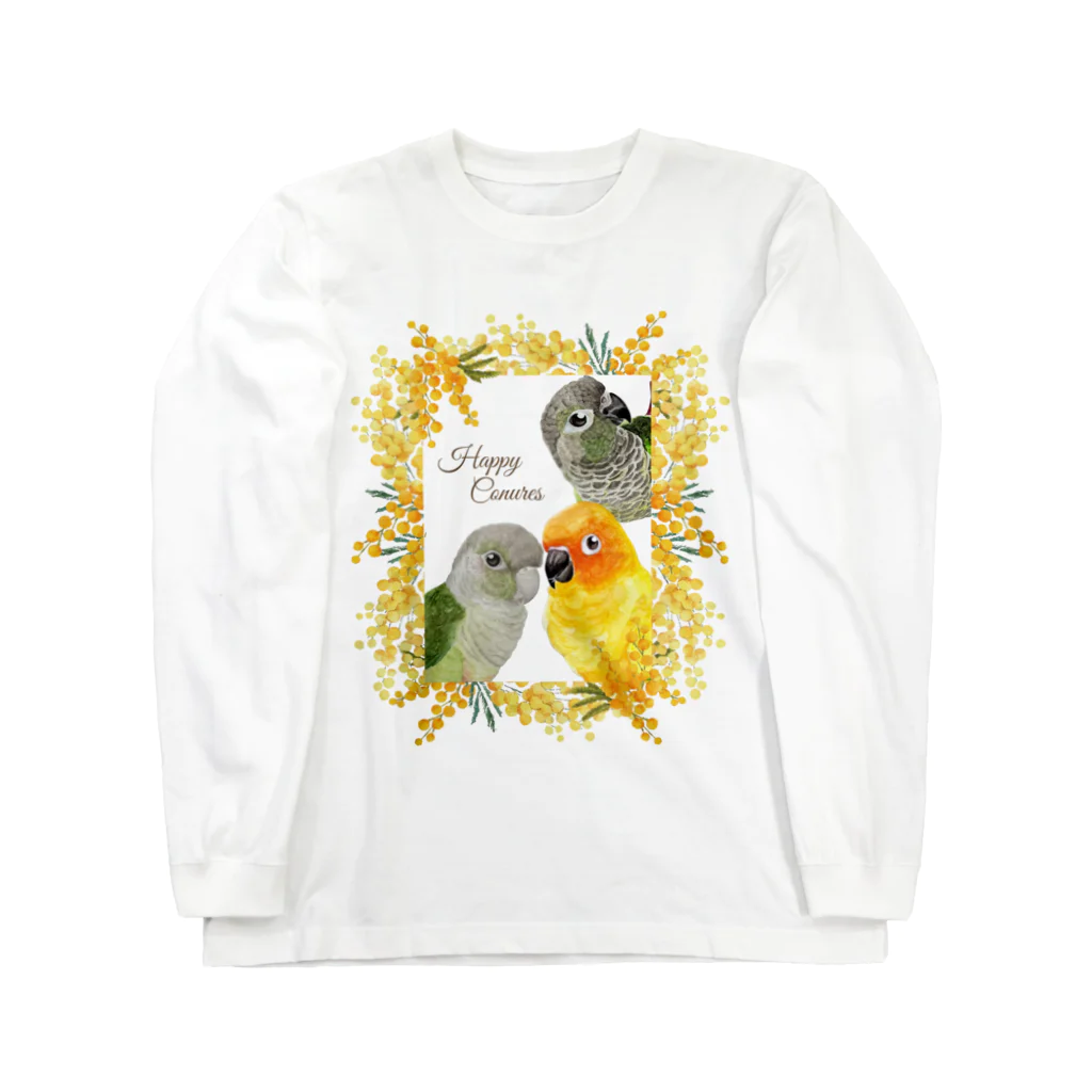 mariechan_koboの083 Happy Conures ミモザ ロングスリーブTシャツ