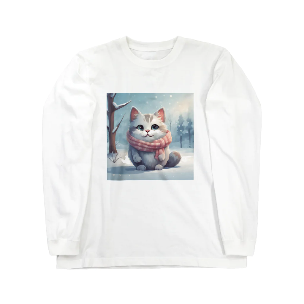 Shii-Kamiwakaの冬の朝日のマフラー猫 Long Sleeve T-Shirt