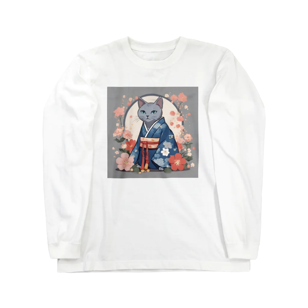 coco_peroのお正月の着物を着たロシアンブルーの猫ちゃんグッズ ロングスリーブTシャツ