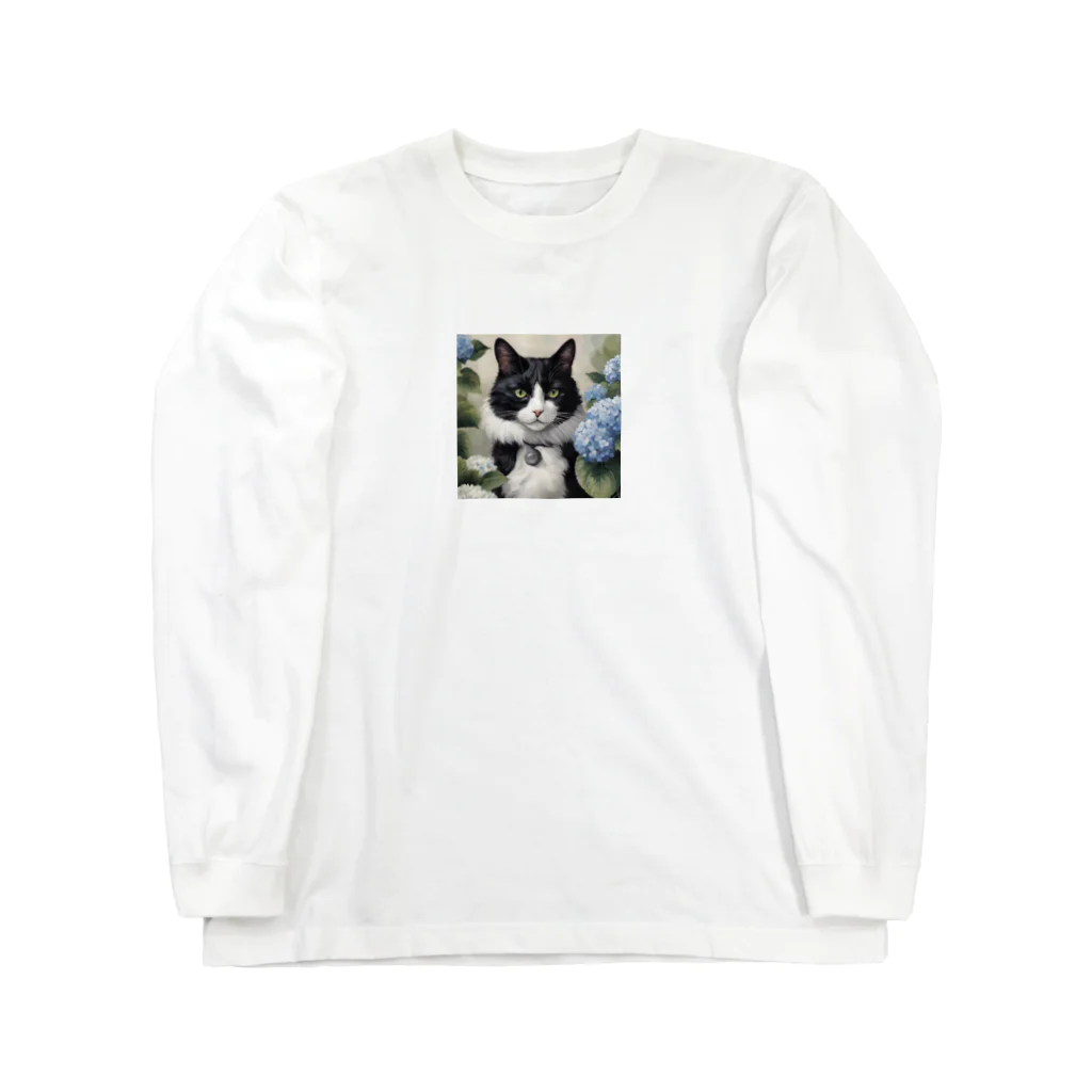 capcat1919のハチワレ猫白黒と紫陽花 Long Sleeve T-Shirt
