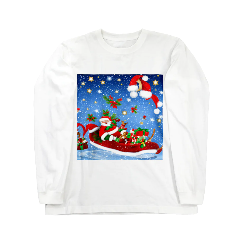 HirockDesignJapanの雪降るクリスマスイブにプレゼントを配達するサンタクロースとトナカイ Long Sleeve T-Shirt