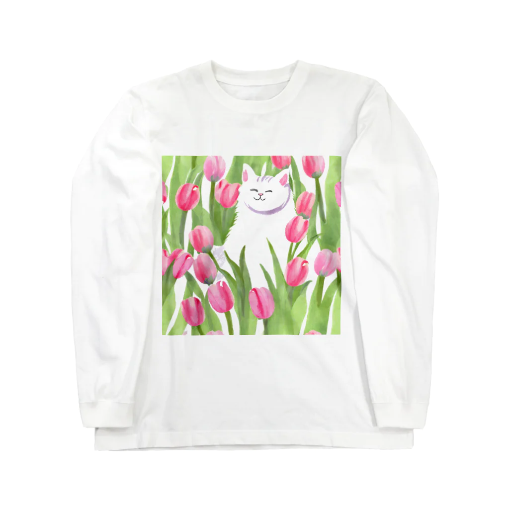 癒しのふわふわ白猫ちゃんのチューリップと白猫ちゃん Long Sleeve T-Shirt