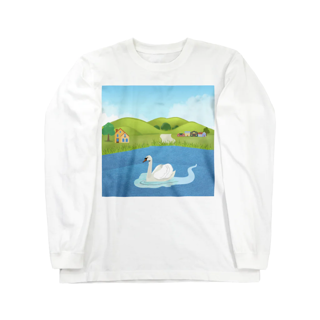 はんそで母の白鳥　風景 ロングスリーブTシャツ