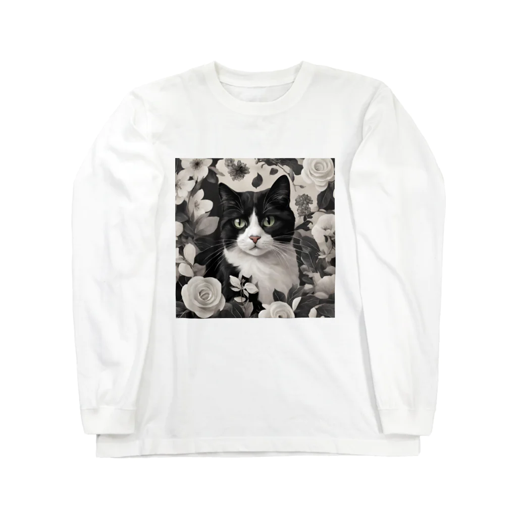 capcat1919のハチワレ白黒猫とジャスミン ロングスリーブTシャツ