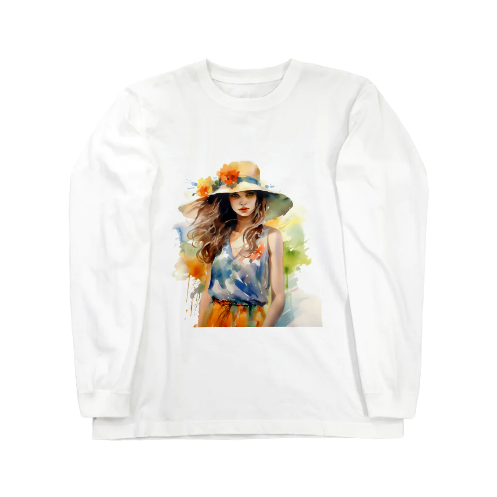 Decor&LuxuryVenusのLovely Flower-Hat Girl in Nature ロングスリーブTシャツ