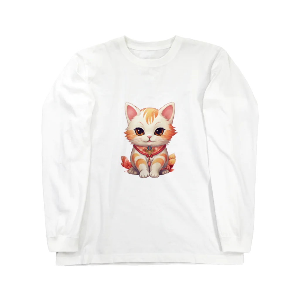 日向ぼっこの縁起猫 ロングスリーブTシャツ