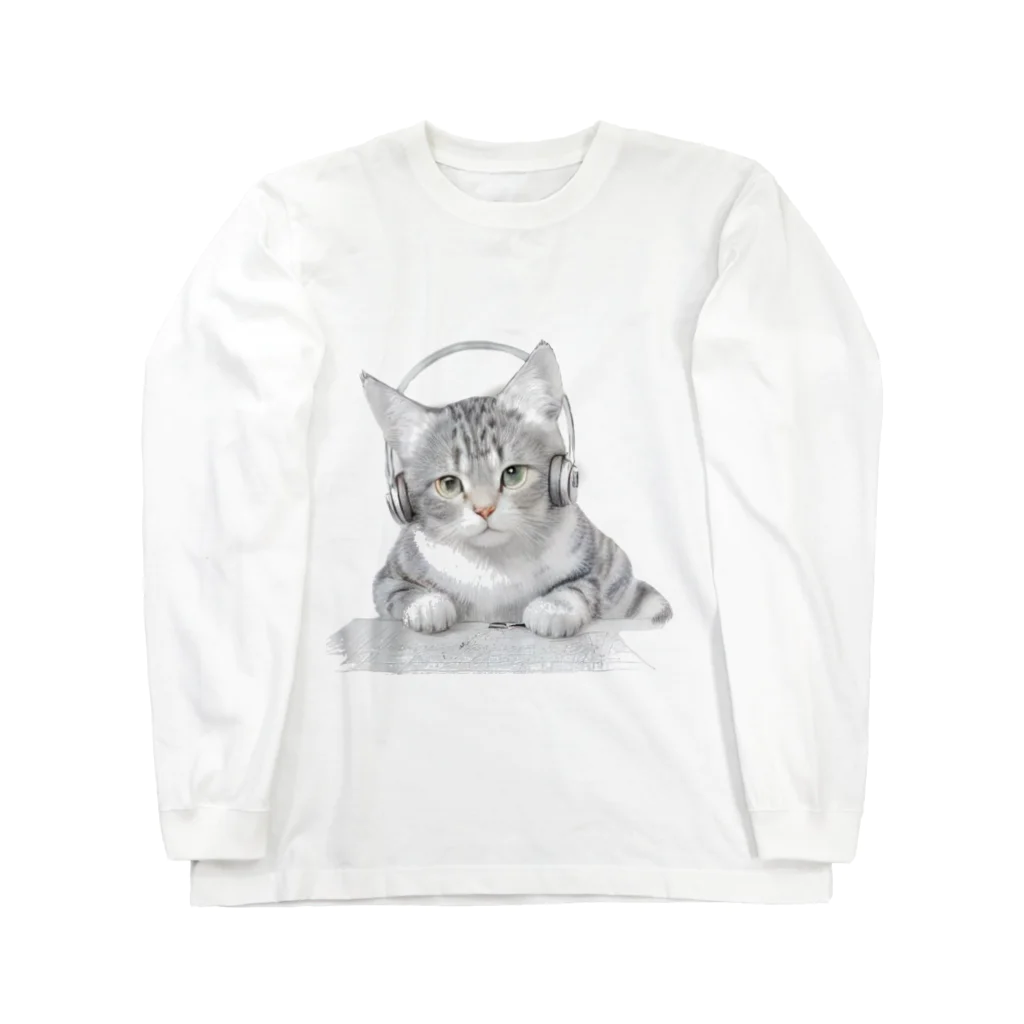 姫とすずり。のヘッドホンねこ ロングスリーブTシャツ