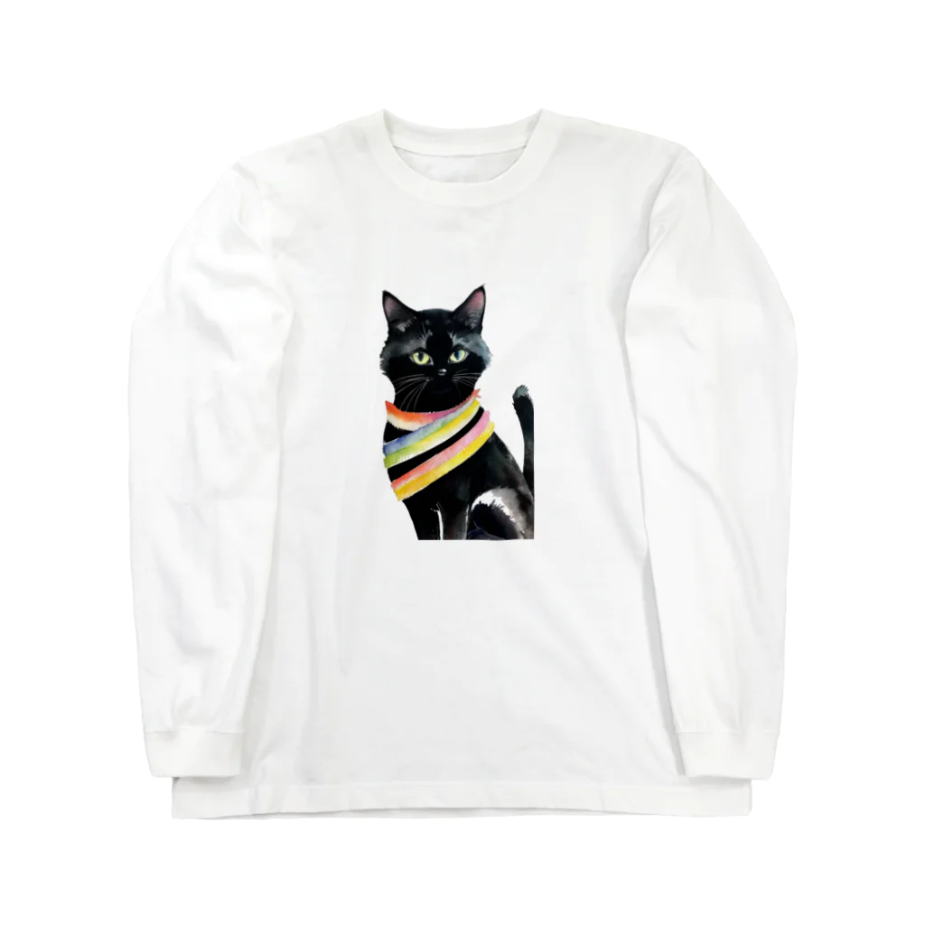 幸運のしっぽの黒猫と虹の首輪 Long Sleeve T-Shirt