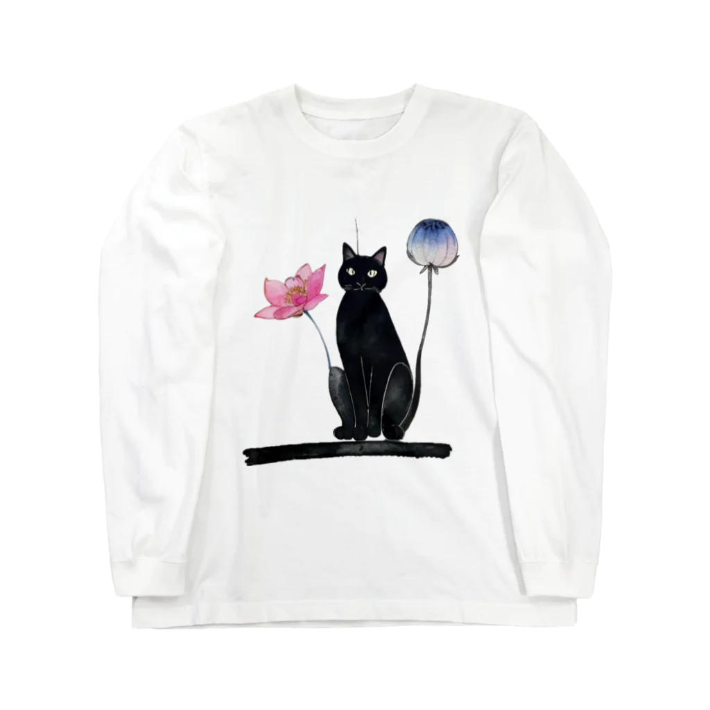 幸運のしっぽの黒猫と花 ロングスリーブTシャツ