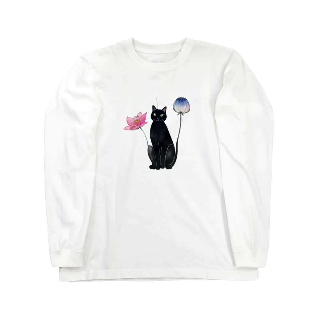 幸運のしっぽの黒猫と花 ロングスリーブTシャツ