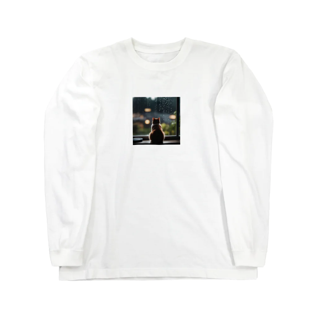 SaltyCookie Design Worksの窓の前で雨を眺めているネコ[カラー] Long Sleeve T-Shirt