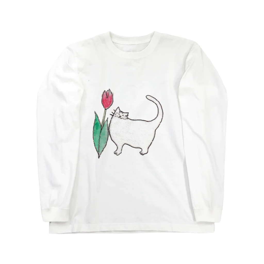 森の中の赤いチューリップと白猫 Long Sleeve T-Shirt