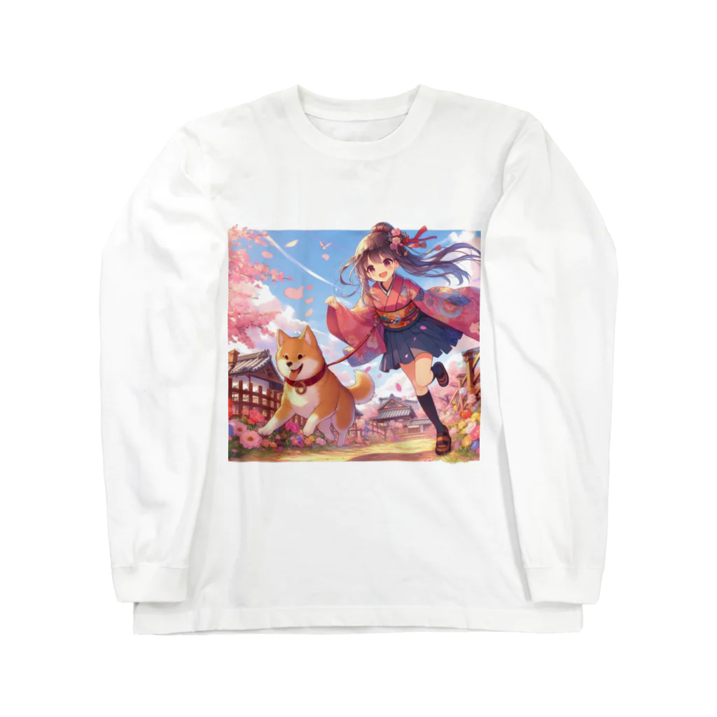 推しの美少女とアイドルの桜の中を犬と走る女の子 Long Sleeve T-Shirt