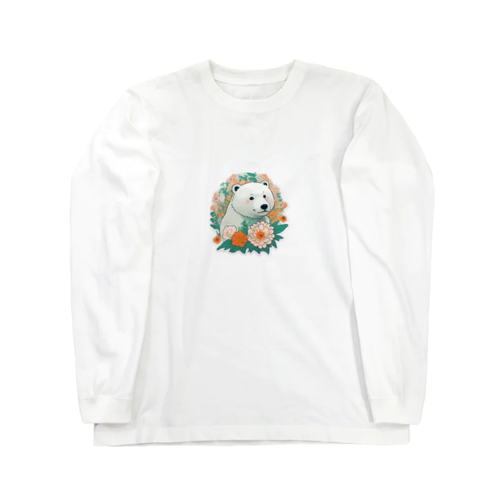 りんりんの可愛いシロクマちゃんショップ　かわいいよ！の花に囲まれている白くま ロングスリーブTシャツ