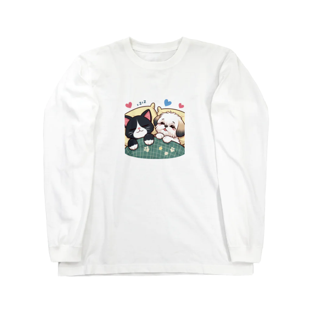 ワンコとにゃんちゃんズのおねむなワンにゃん ロングスリーブTシャツ