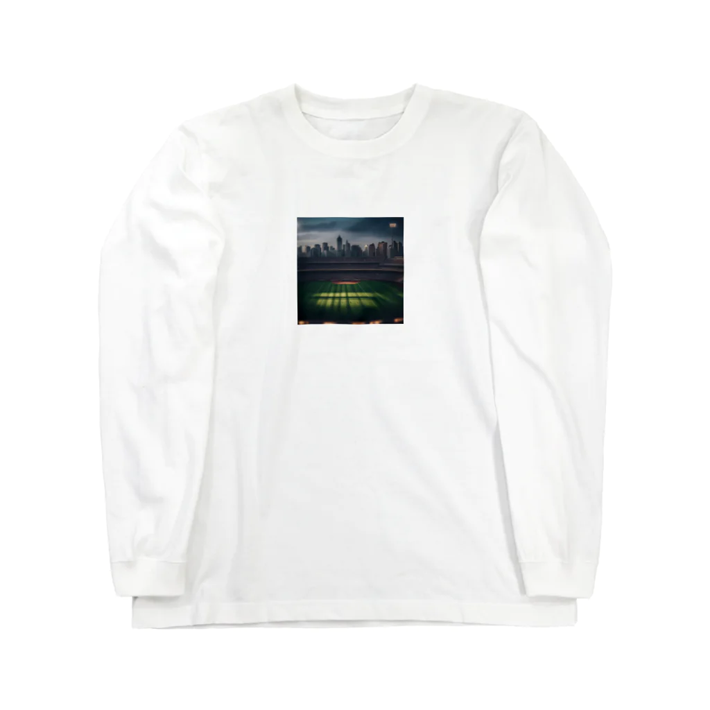 dream_canvasの空にそびえる高層ビルとスポーツスタジアムの壮大な景色。 Long Sleeve T-Shirt