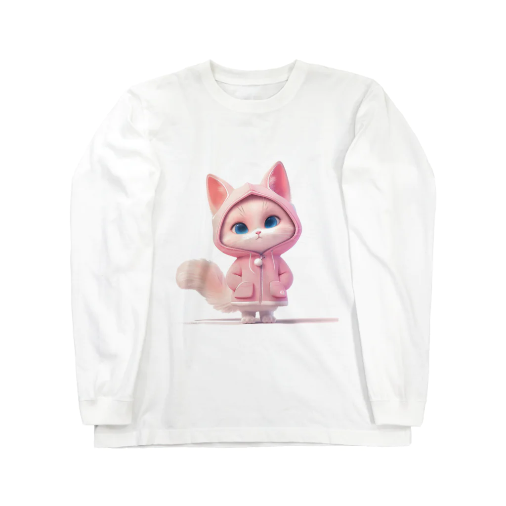 TomaTracksのピンクのパーカーをまとったクールな猫 Long Sleeve T-Shirt