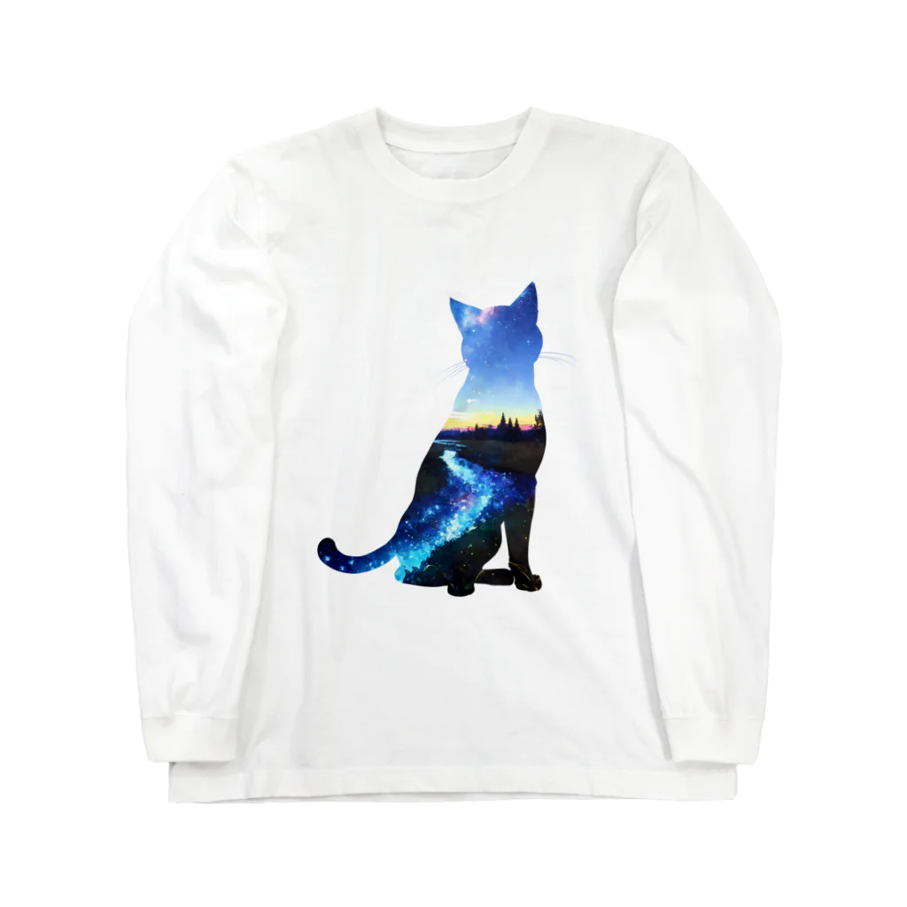 猫との風景の星空と猫_003 Long Sleeve T-Shirt