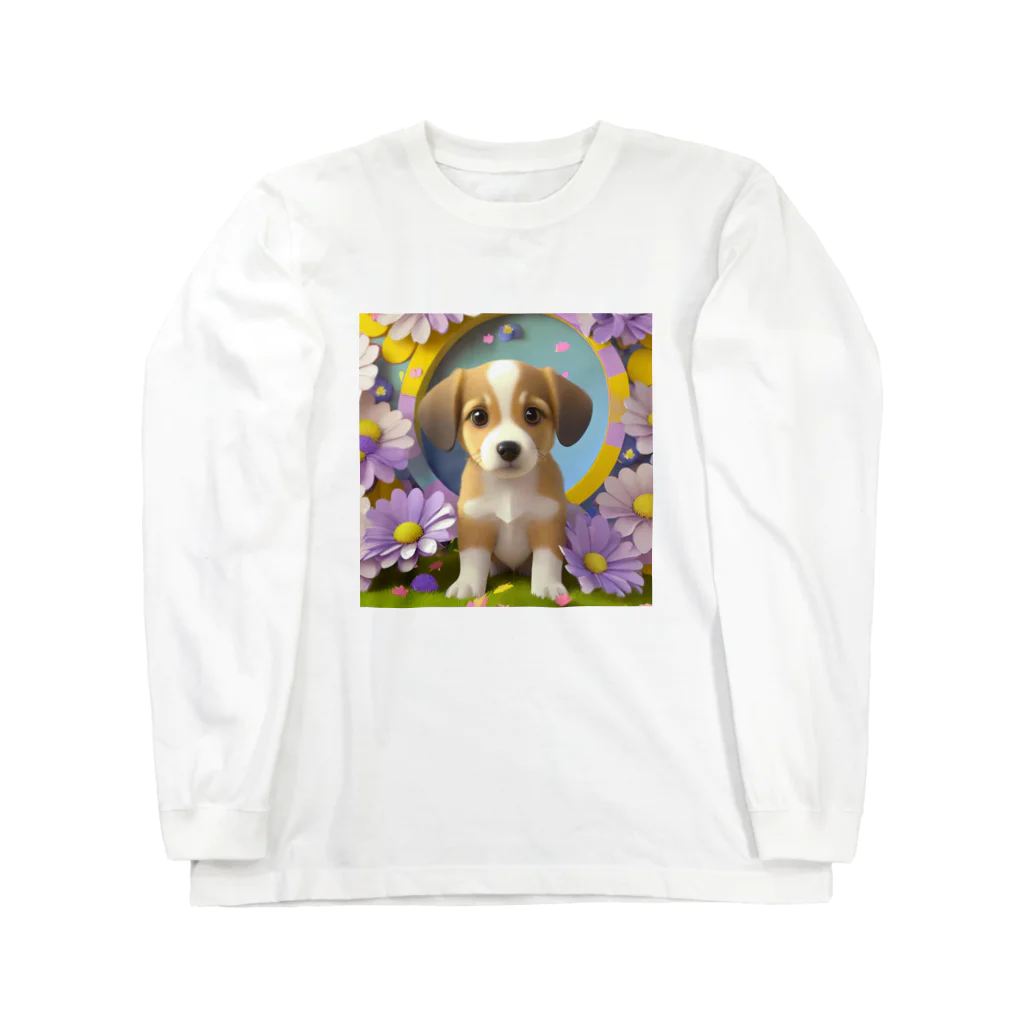 chan-takehaniの陽気な子犬と春の花々 ロングスリーブTシャツ