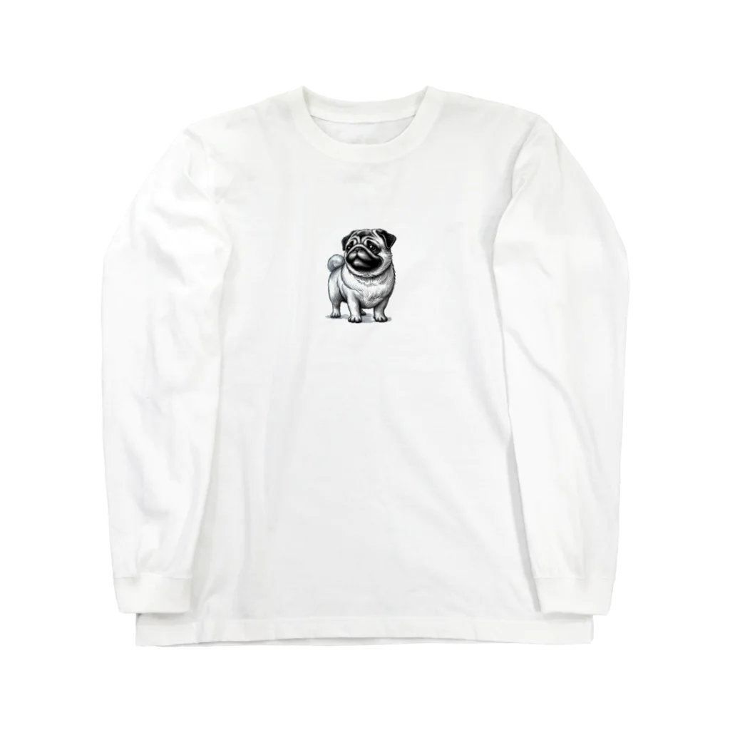 鼻ぺちゃ犬と和猫の遠くを見つめるパグ Long Sleeve T-Shirt