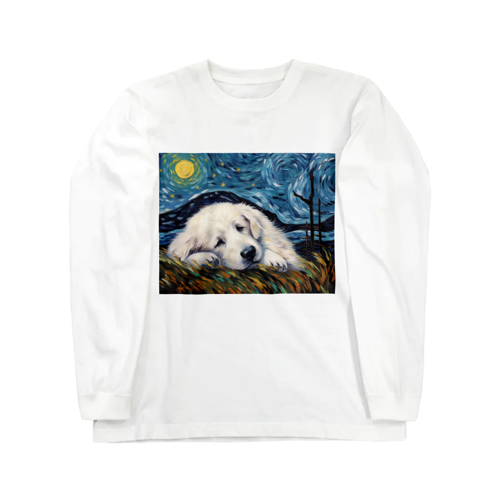 Dog Art Museumの【星降る夜 - グレートピレニーズ犬の子犬 No.3】 Long Sleeve T-Shirt