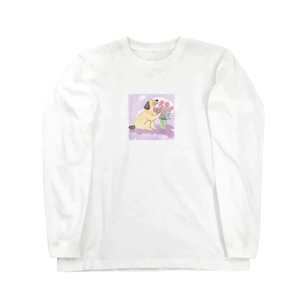 人間界で生きるわんこ | 犬イラストのお花を愛でるわんこ（AIイラスト） Long Sleeve T-Shirt