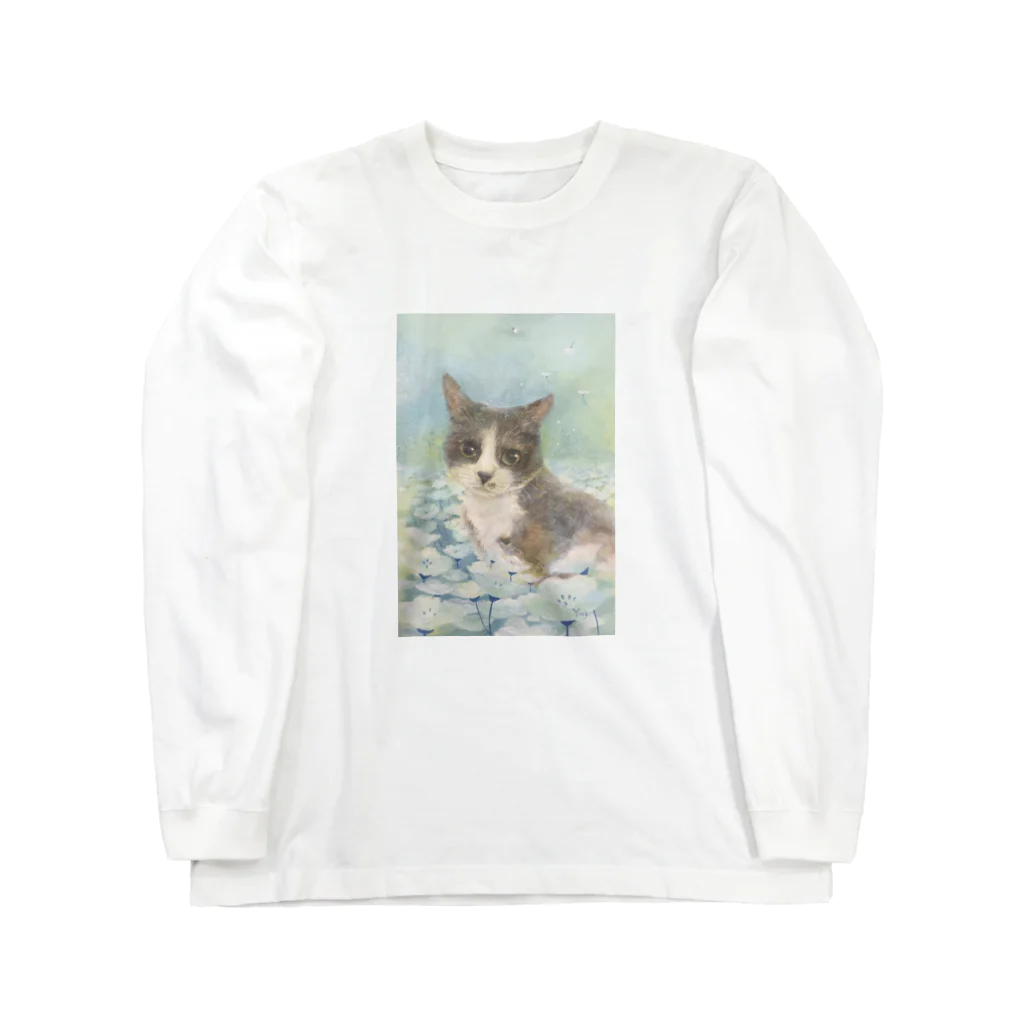 やさしい世界の猫とお花畑 ロングスリーブTシャツ