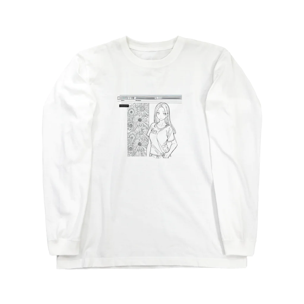 猫集めの爽やかな女性が描かれた線画 Long Sleeve T-Shirt