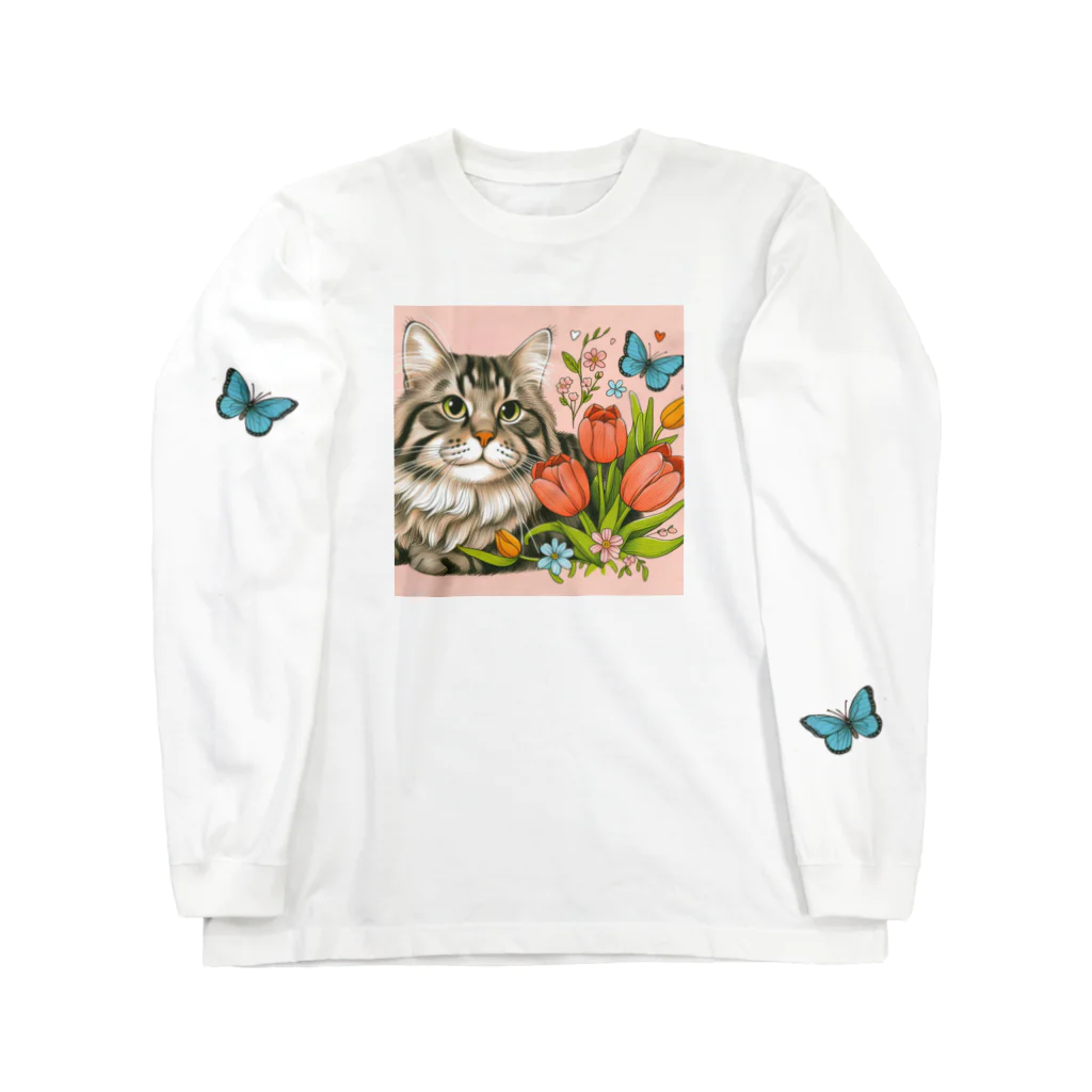 Y m @Y's shopの猫とチューリップ ロングスリーブTシャツ