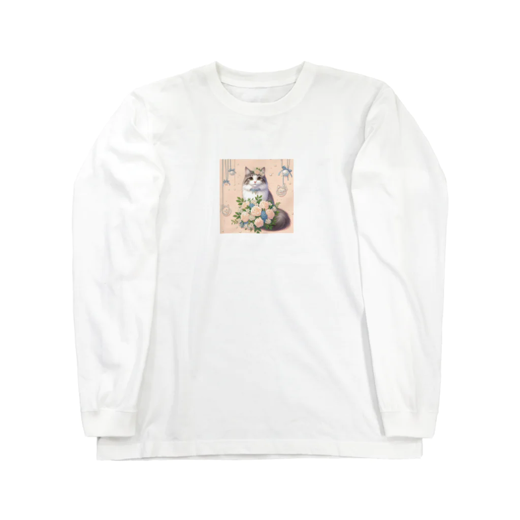 Y m @Y's shopの猫と薔薇　パールver. ロングスリーブTシャツ