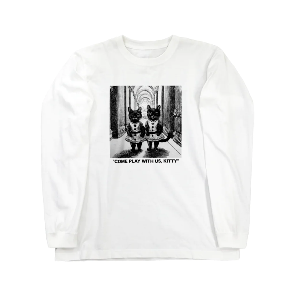 黒猫ファブリックの"COME PLAY WITH US, KITTY"（子猫ちゃん私達と遊ぼうよ） Long Sleeve T-Shirt