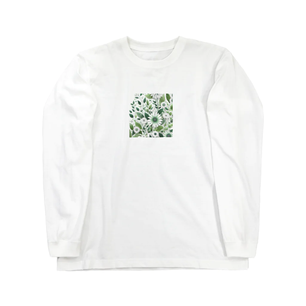 アミュペンの数学的で洗練されたデザインの白と緑の花 ロングスリーブTシャツ