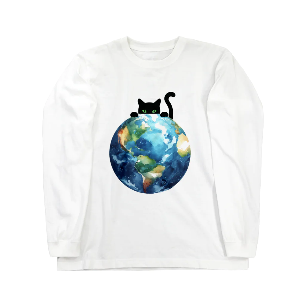 amecatsの地球と黒猫 ロングスリーブTシャツ