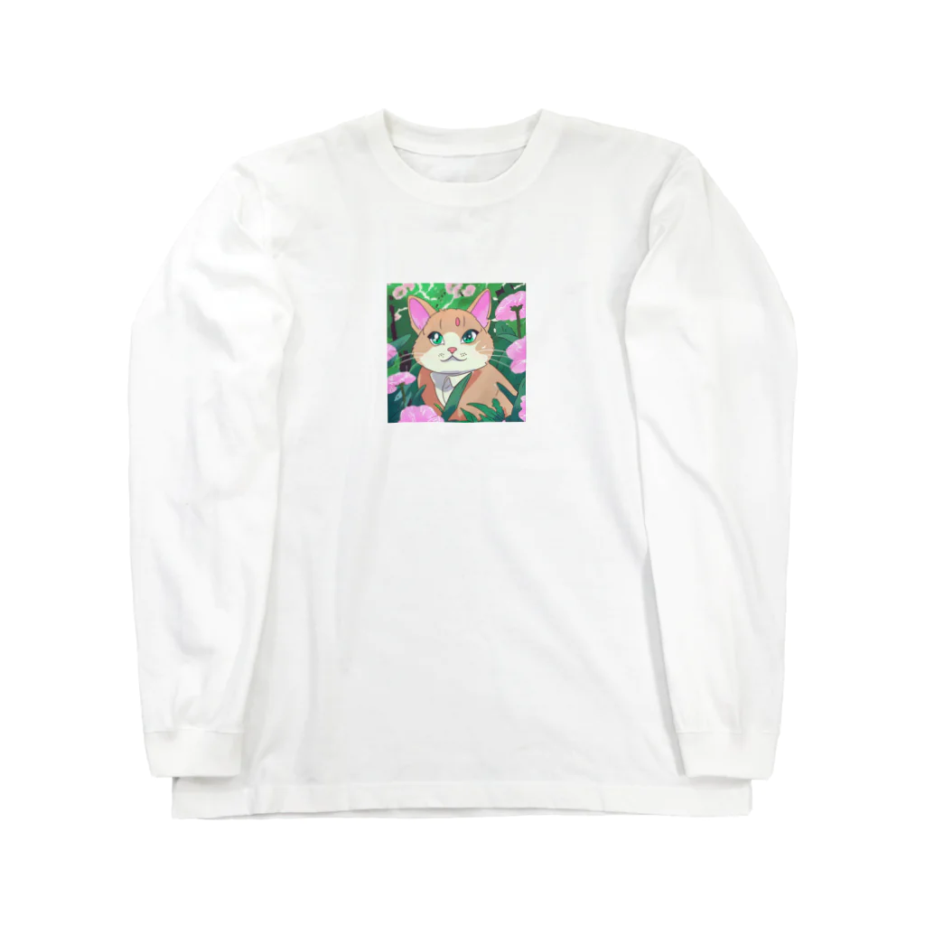 キュート＆クールのアニメ調・花畑の猫 Long Sleeve T-Shirt