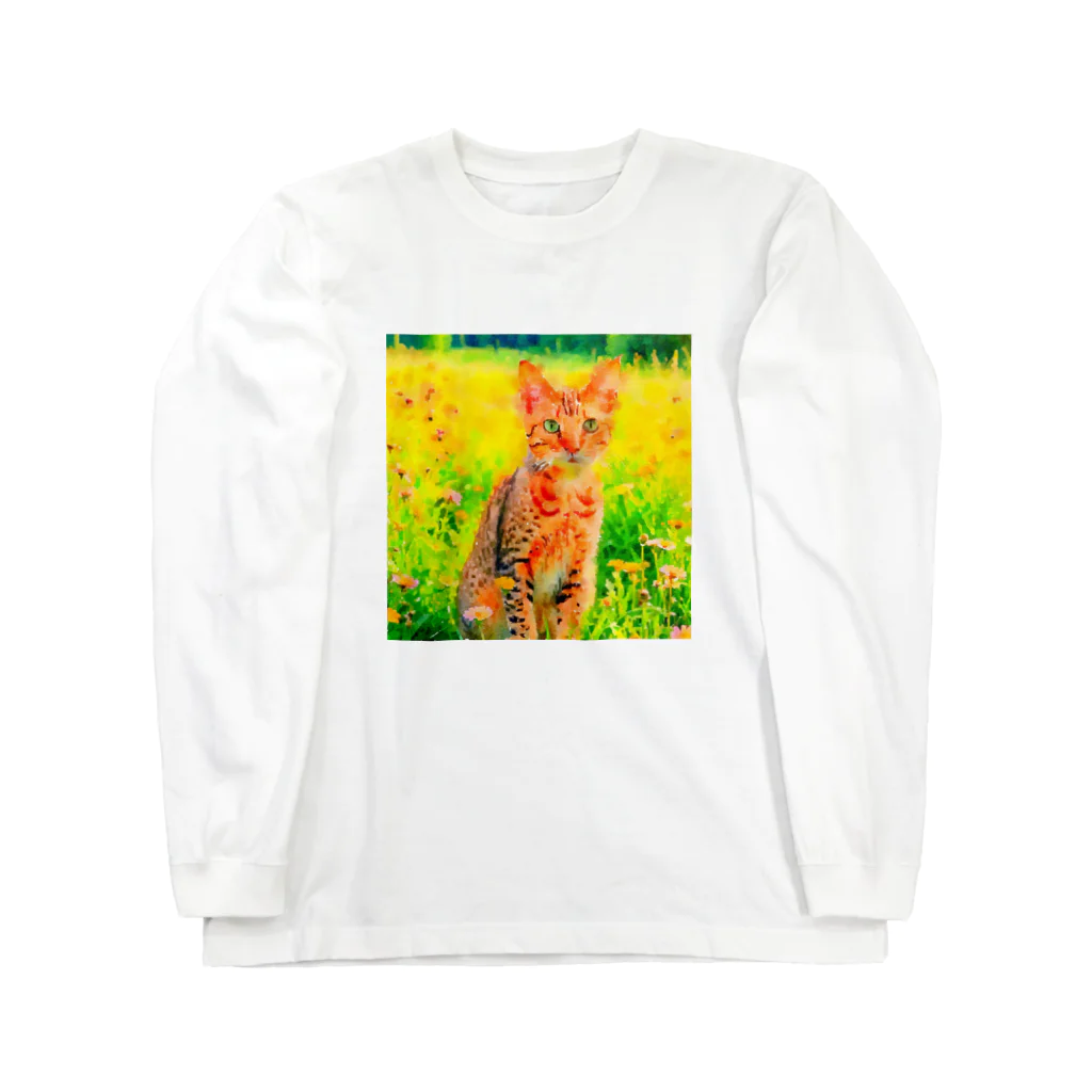 猫好きの谷の猫の水彩画/花畑のオシキャットねこのイラスト/キジトラネコ ロングスリーブTシャツ