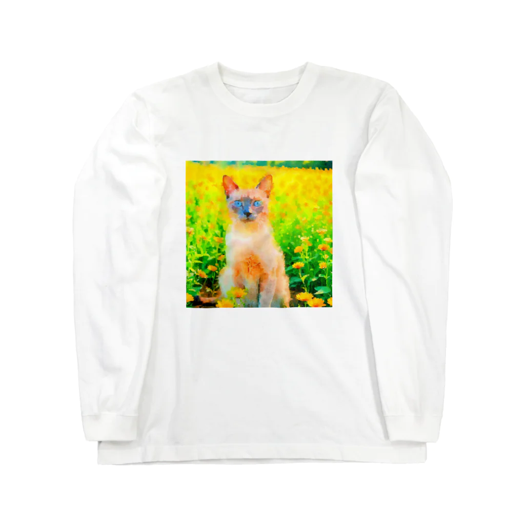 猫好きの谷の猫の水彩画/花畑のトンキニーズねこのイラスト/ポイントネコ ロングスリーブTシャツ