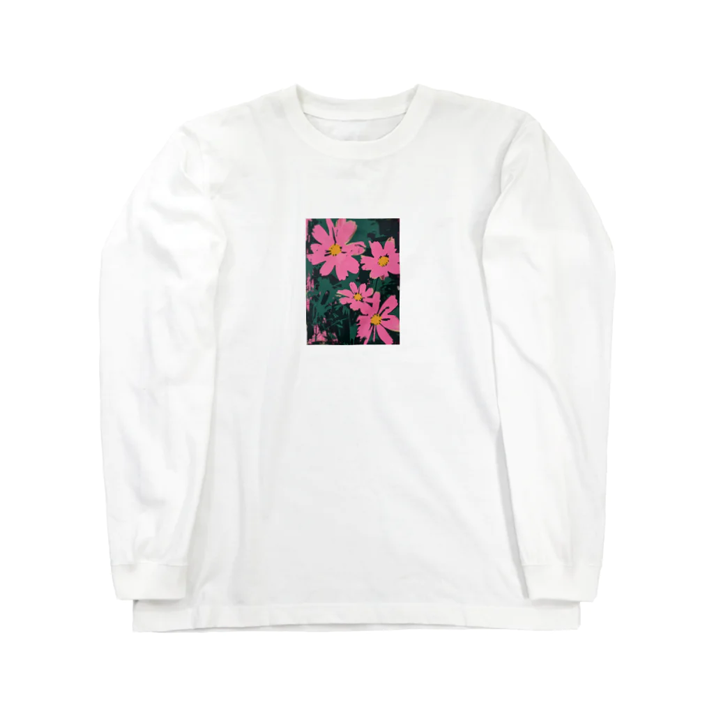 Q_kyuのPINK FLOWERS with Dark Background ロングスリーブTシャツ