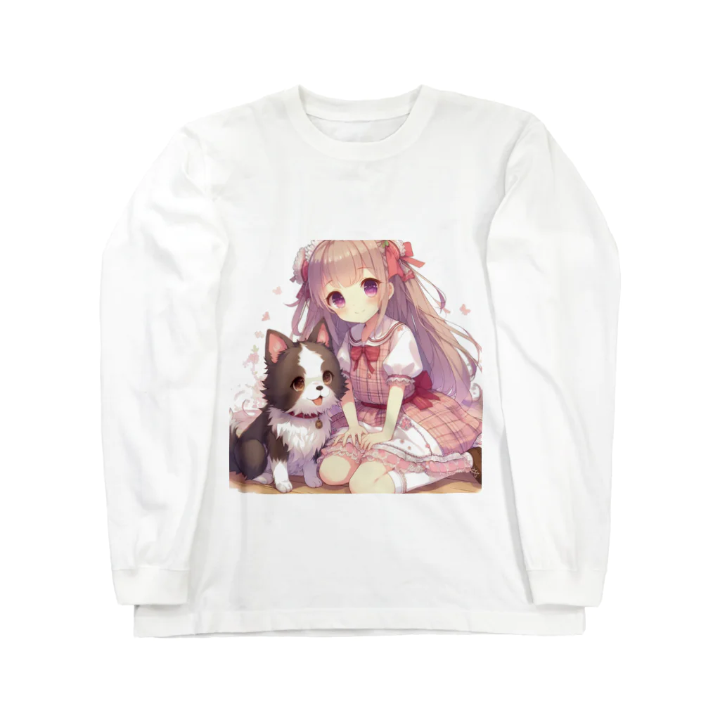 ウツボちゃんの可愛い犬とじゃれ合う女の子 ロングスリーブTシャツ