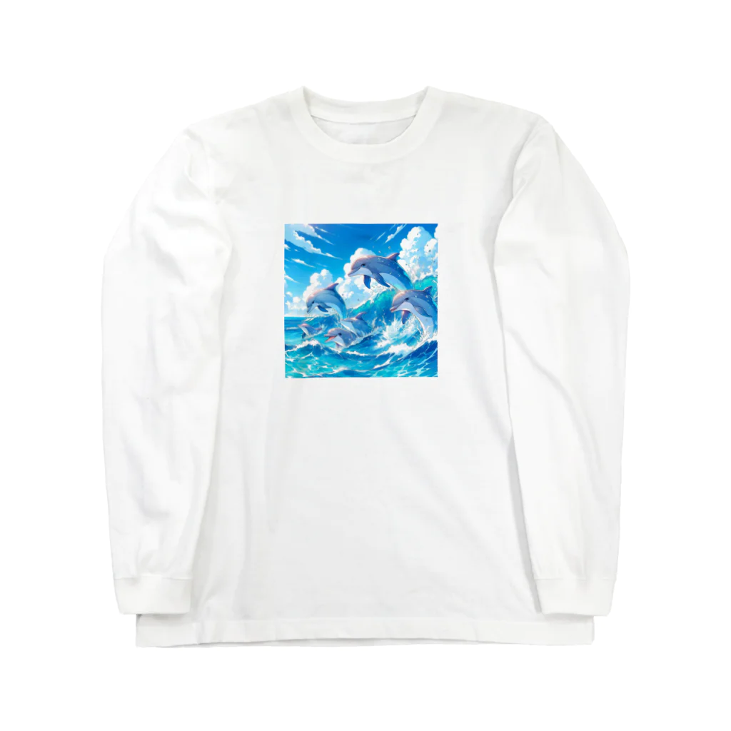 snow-birdの海で遊ぶイルカたちの楽しい風景 ロングスリーブTシャツ