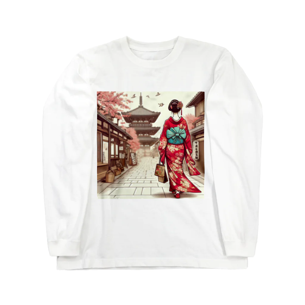 yuchijapanの京都を歩く着物美人イラスト Long Sleeve T-Shirt