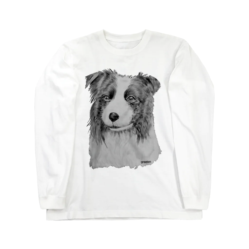 greetenのボーダーコリー　アート犬モノクロ ロングスリーブTシャツ