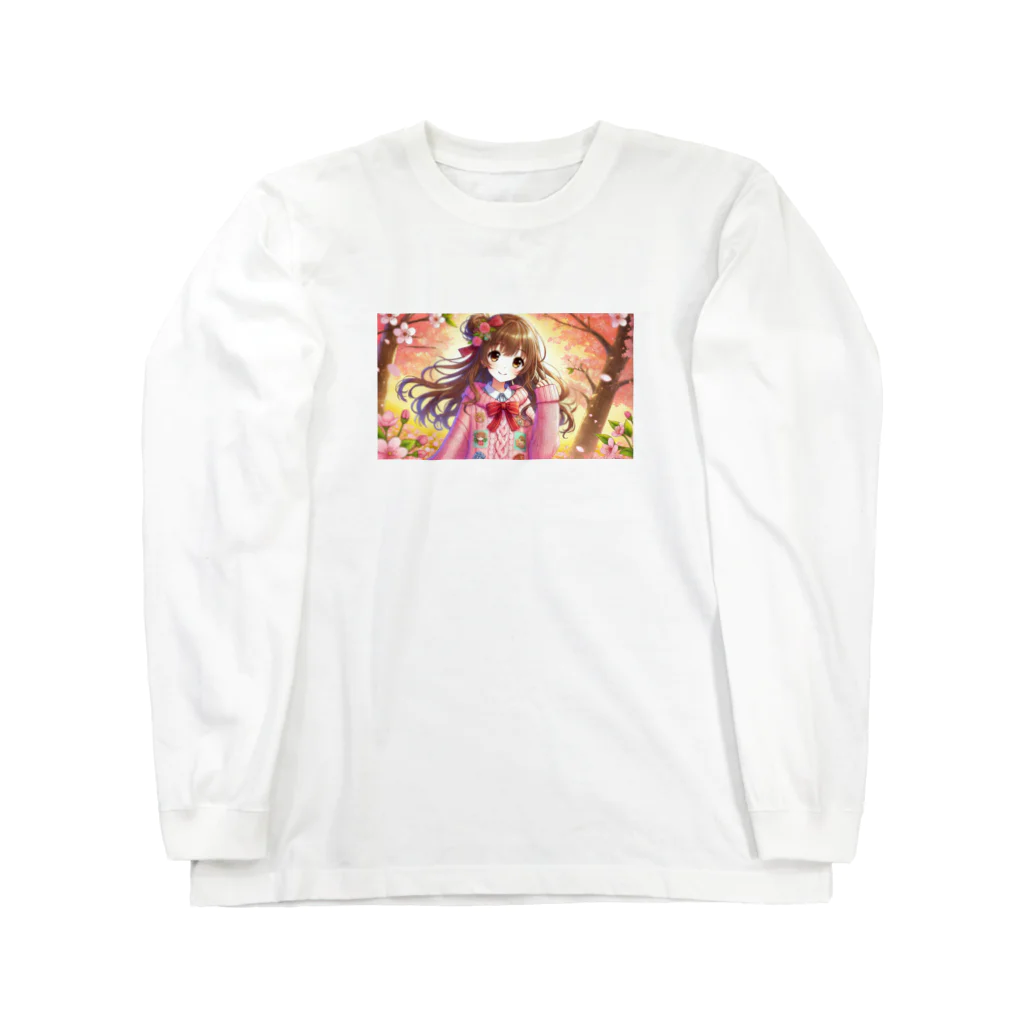 raio-nの桜の季節のピンクヘアキャラクター ロングスリーブTシャツ