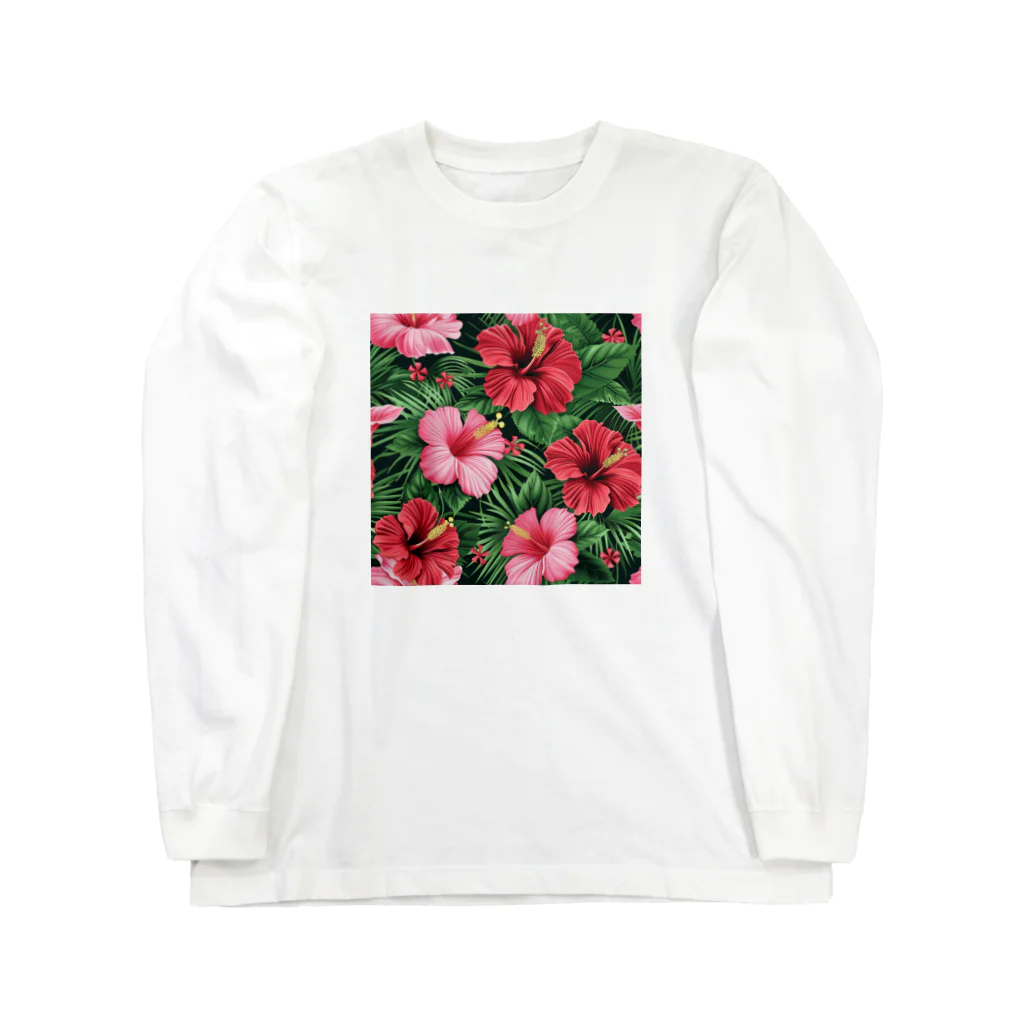 オンラインショップイエローリーフの赤色の花ハイビスカス ロングスリーブTシャツ