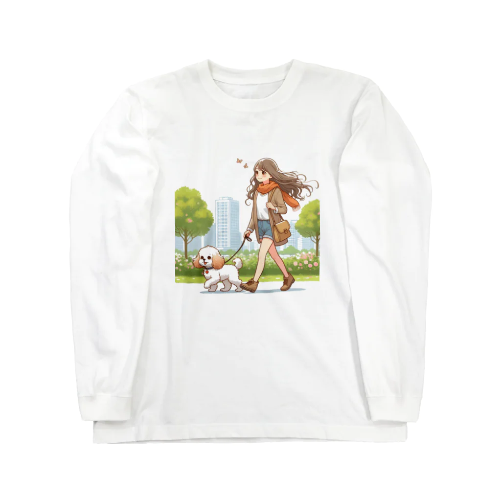 南国のかわいい犬と散歩をする女性 ロングスリーブTシャツ