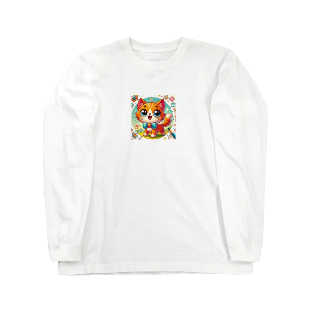 ラッキーマインあべむつきのふんわりキュート！このお茶目な猫のキャラクタ ロングスリーブTシャツ