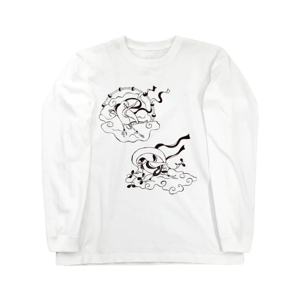 もしもしこちら文鳥の文鳥風神雷神図　モノクロ Long Sleeve T-Shirt