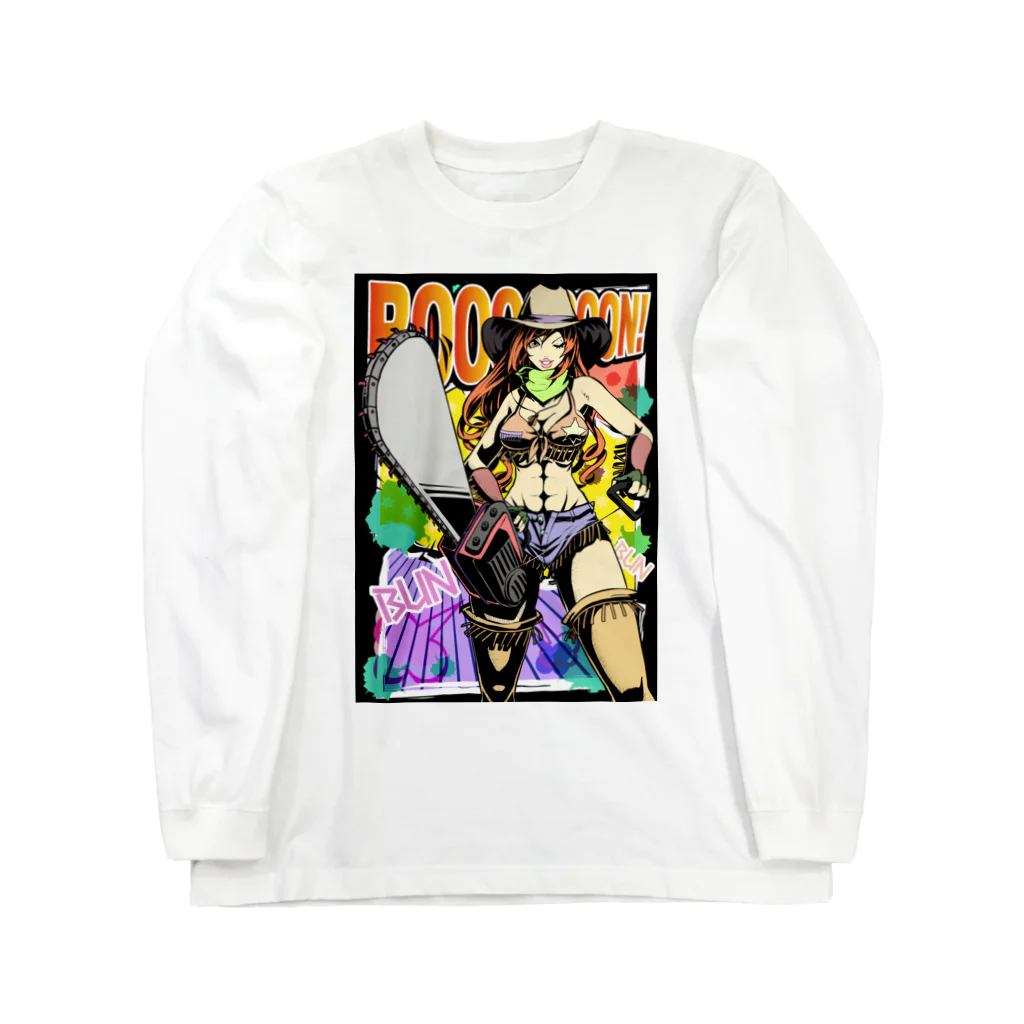 illust_designs_labのアメリカンコミック（アメコミ）風 セクシーなチェーンソーを持ったカウガール Long Sleeve T-Shirt