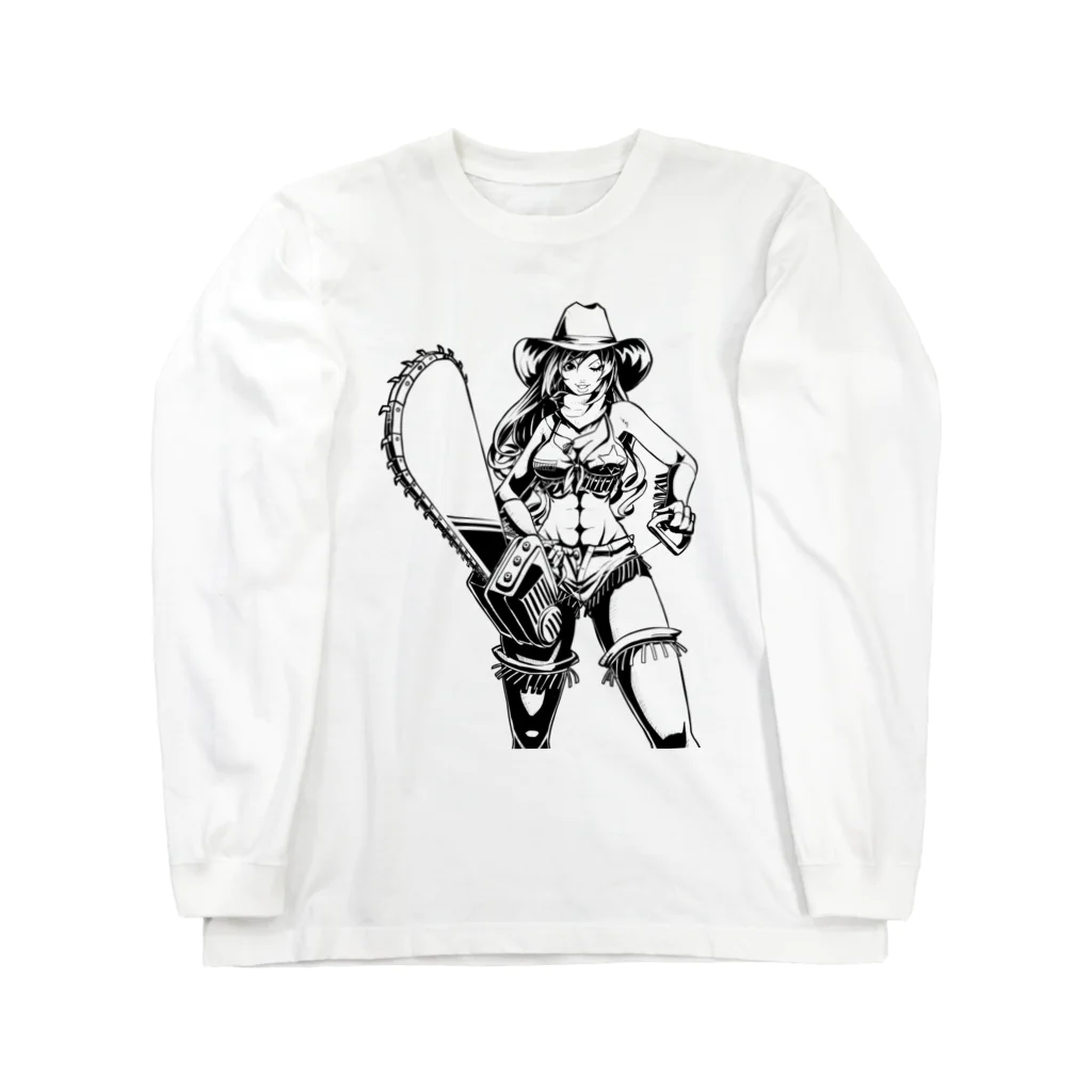 illust_designs_labのアメリカンコミック（アメコミ）風 セクシーなチェーンソーを持ったカウガール モノクロ Long Sleeve T-Shirt